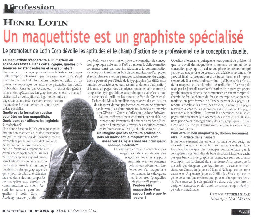 Coupure de presse Quotidien Mutations 16-12-2014 - maquettiste