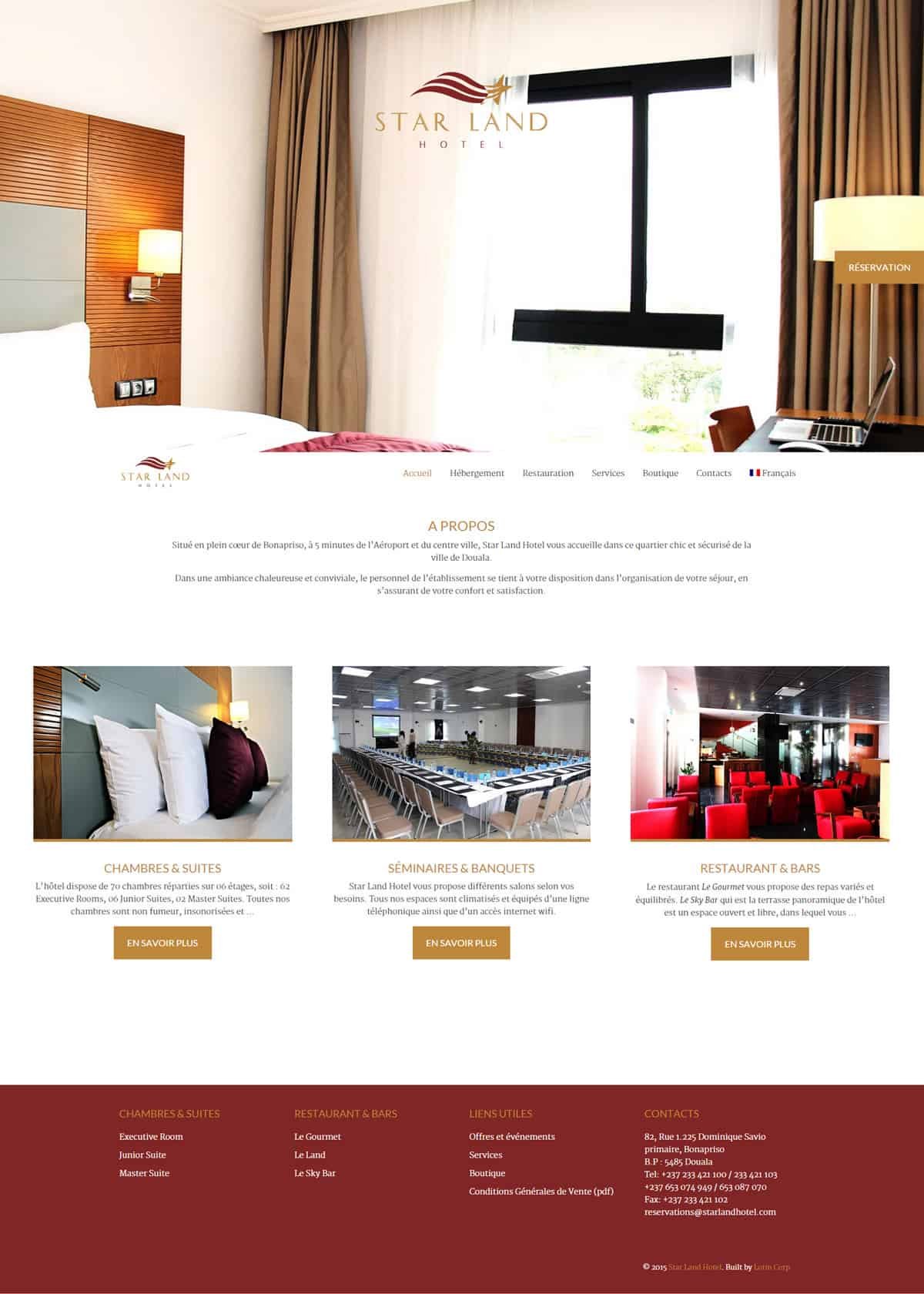 refonte de site web : La page d'accueil propose des images plein écran pour immerger le visiteur dans l'univers de l'hôtel, avec un bouton de réservation ostensible.