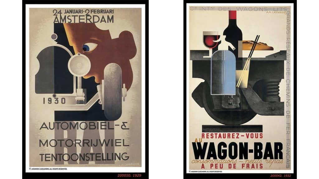 arts graphiques : Cassandre Salon auto d'Amsterdam, 1929 & Wagon bar (pour les Grands Réseaux de chemins de fer de France),1932