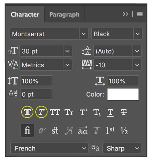 Palette « caractères » sur Adobe Photoshop
