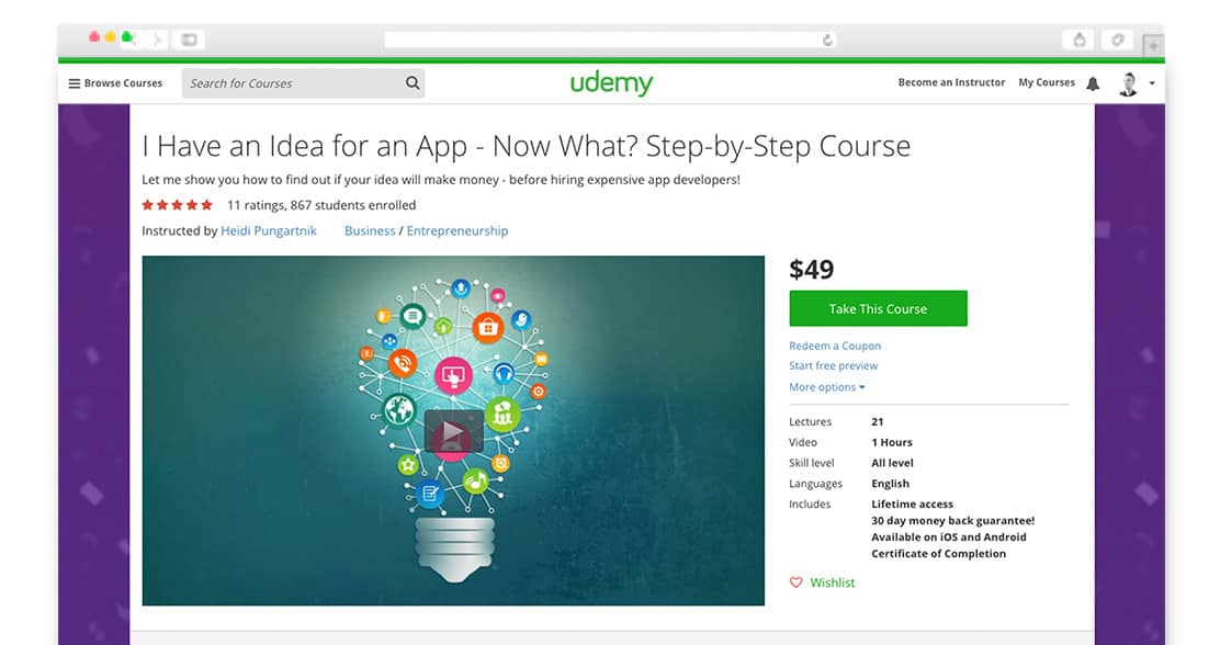 design pour valider des idées : cours udemy - I have an Idea for an App