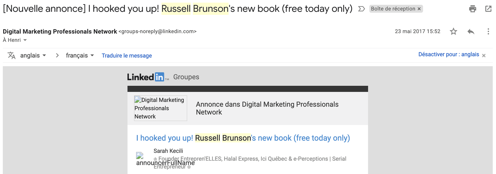 "rencontre" avec Russell Brunson sur LinkedIn en 2017
