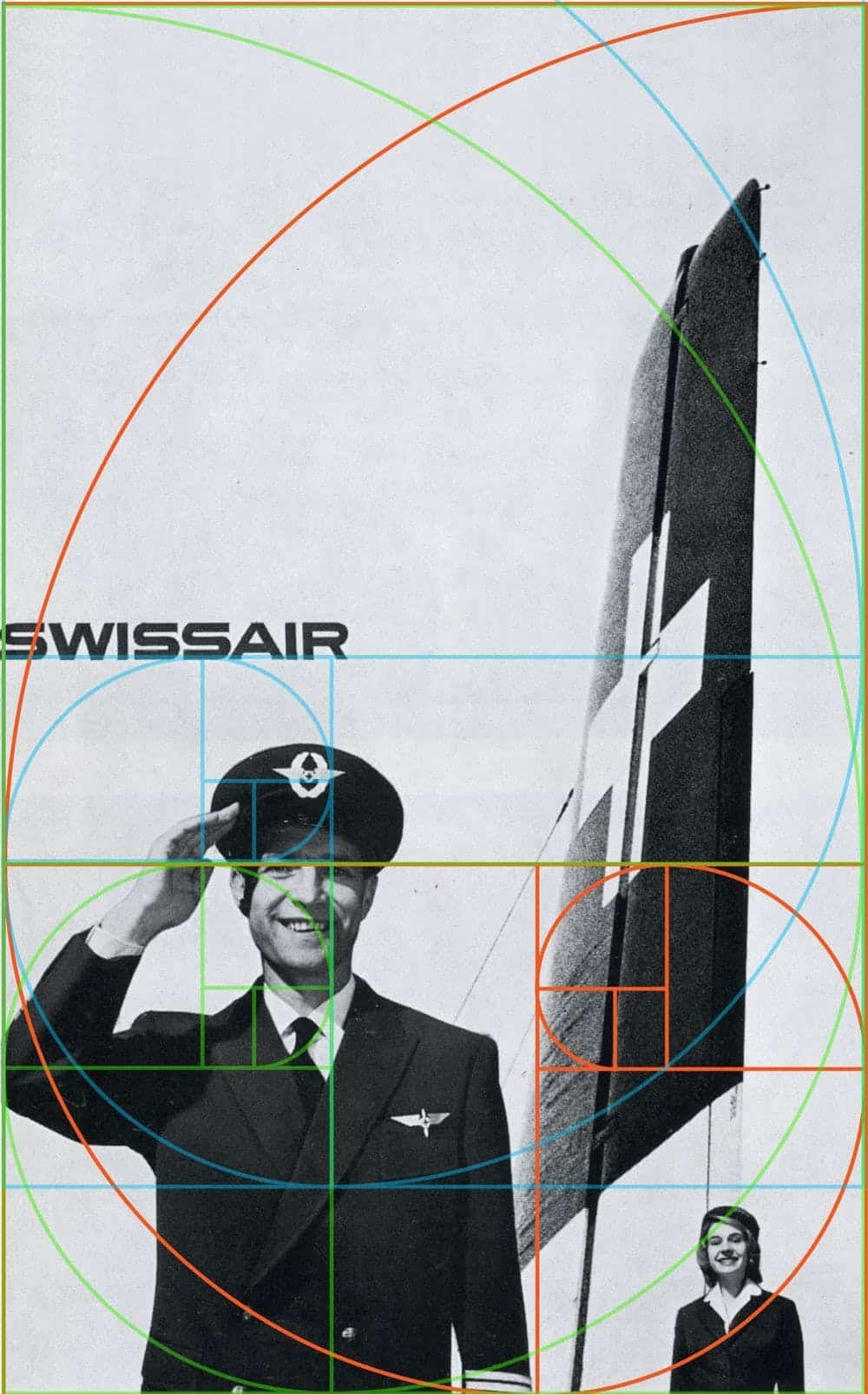 Des spirales et des rectangles d'or sont superposés sur une publicité imprimée mettant en vedette un pilote de ligne, une hôtesse de l'air et un aileron d'avion. Une publicité pour Swiss Air du graphiste Josef Müller-Brockmann intègre le nombre d'or. Notes graphiques