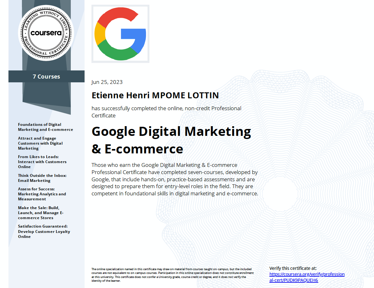 henri lotin - specialization digital marketing & e-commerce from Google